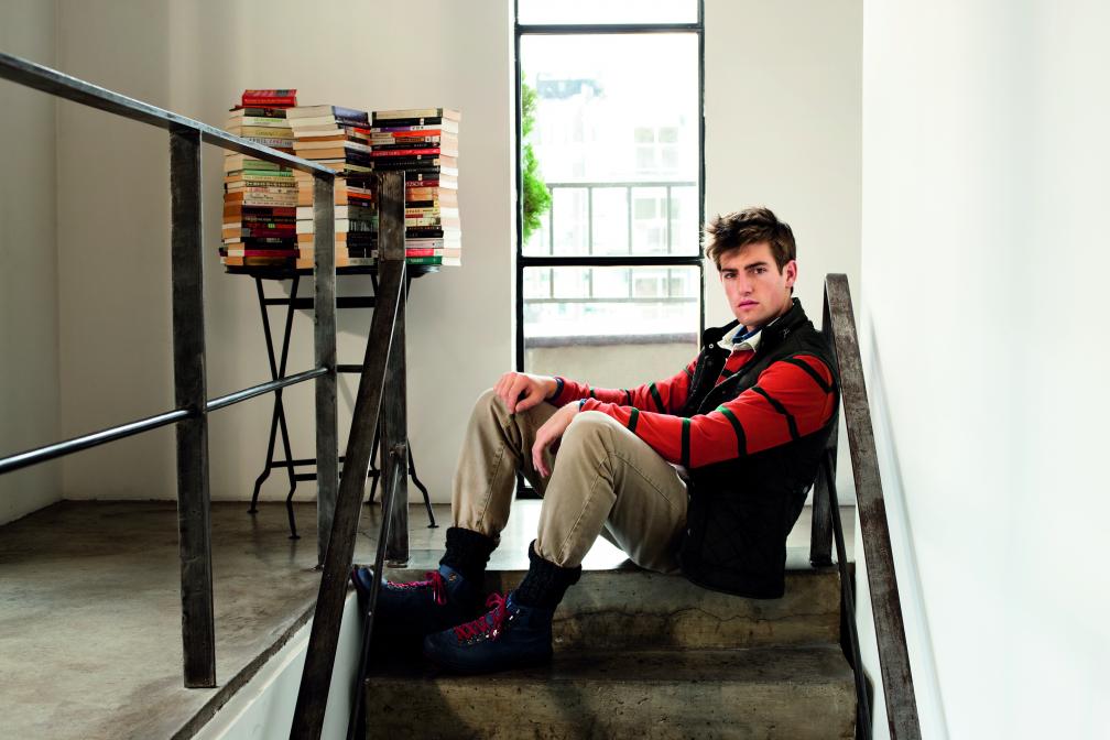 17 fleece lined vest, red bold breton striped heavy rugger rugby shirt, indigo twiil shirt, sand cotton chinos.jpg