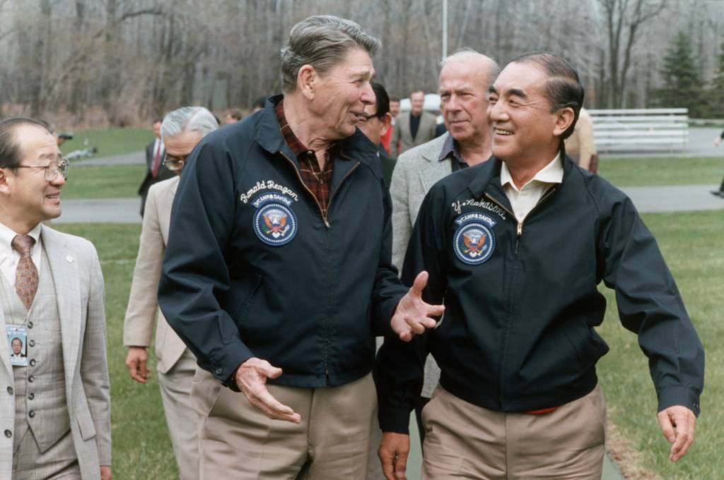 President Ronald Reagan and Japan's Prime Minister Yasuhiro Nakasone at Camp David Harrington.jpg President Ronald Reagan and Japan's Prime Minister Yasuhiro Nakasone at Camp David Harrington.jpg