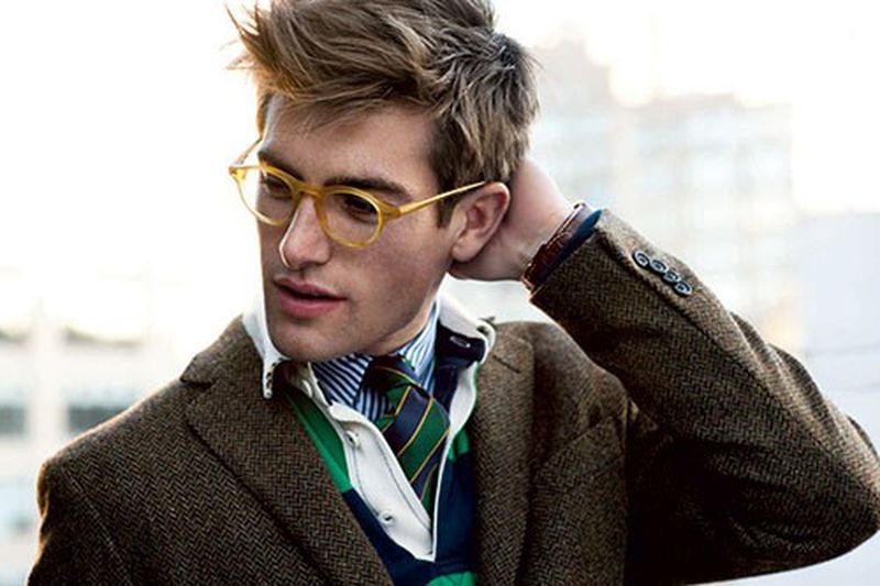 02 Brown herringbone wool blazer, green-navy barstriped rugger rugby shirt, blue-white striped twill shirt, navy-green-gold striped silk tie.jpg