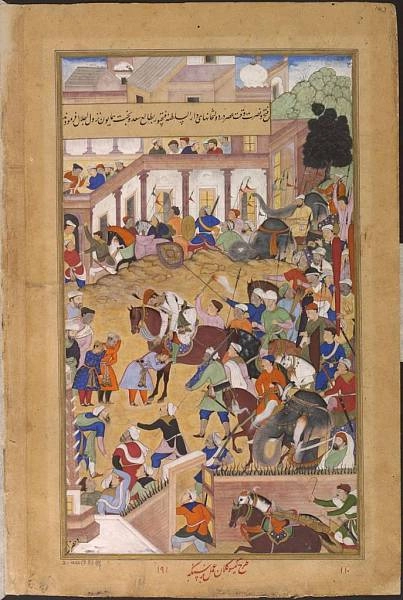 Акбар Великий встречает своего сына в Фатехпур-Сикри, 1573 г. (иллюстрация из «Акбарнаме», хроники правления Акбара)
